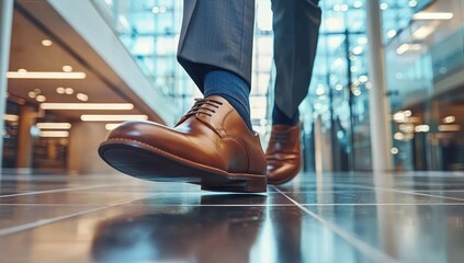 Fototapeta premium Feet of a businessman rushing in office corridor or open space because he is late to a meeting , man wearing brown suit show walking in modern office building