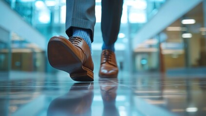 Fototapeta premium Feet of a businessman rushing in office corridor or open space because he is late to a meeting , man wearing brown suit show walking in modern office building
