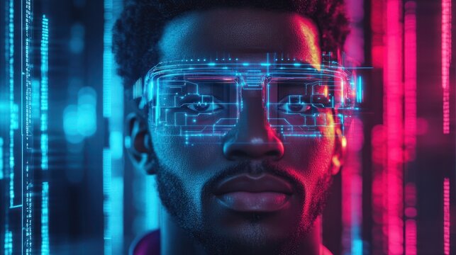 artificial intelligence cyber security threat illustration concept AI banner. Black african american male IT specialist analysing data information technology privacy leaks AR artificial intelligence