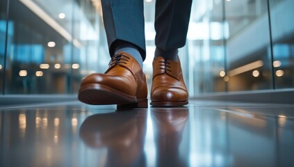 Fototapeta premium Feet of a businessman rushing in office corridor or open space because he is late to a meeting , man wearing brown suit show walking in modern office building