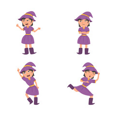Cute witch girl mascot character icon symbol hand drawn style. collection of isolated cartoon illustrations