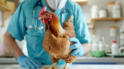 Veterinarian wearing blue gloves examines domestic hen chicken on a white table in a clinic. Professional pet diagnosis health check advert. Veterinary clinic services animal healthcare