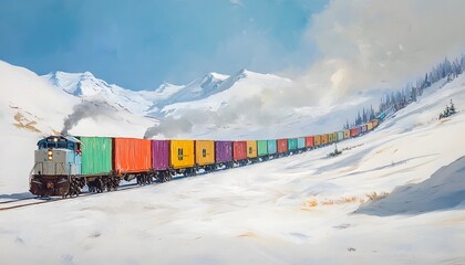 Naklejka premium A vibrant freight train traverses a snowy landscape, surrounded by majestic mountains and clear blue skies.