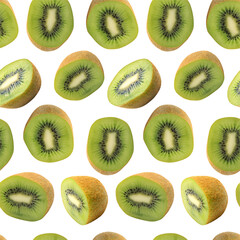 Fototapeta premium Kiwi halve seamless pattern for design. Juicy fresh fruit. Summer print wallpaper. Isolated on transparent background