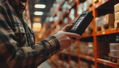 A person using a handheld device to manage inventory in a warehouse. Organized shelves in a stockroom background.
