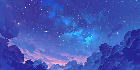 Blue hour anime sky background, stars cartoon style blue skies white clouds, cloudscape, night skyscape illustration wallpaper, generated ai