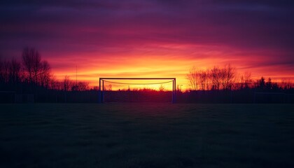 Fototapeta premium A stunning sunset behind a soccer goal, casting vibrant colors over a peaceful field, perfect for sports and nature themes.