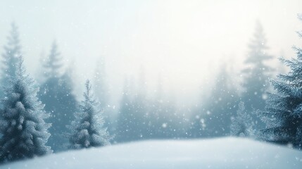 Fototapeta premium blur white snow and pine forest winter background. Christmas and new year backdrop for festive seasonal decoration