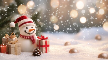 Christmas Winter Background with Snowman, Presents, and Bokeh Snowflakes - Merry Christmas and Happy New Year Greeting Card with Ample Copy Space, Ideal for Festive Holiday Messages