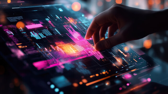 hand interacting with futuristic digital interface, showcasing vibrant colors and intricate designs. scene conveys sense of innovation and technology