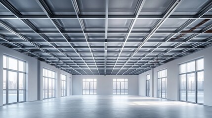 Metal ceiling frame installation for suspended ceiling, aluminum profiles in an unfinished room, modern industrial style, soft white lighting, high detail, realism