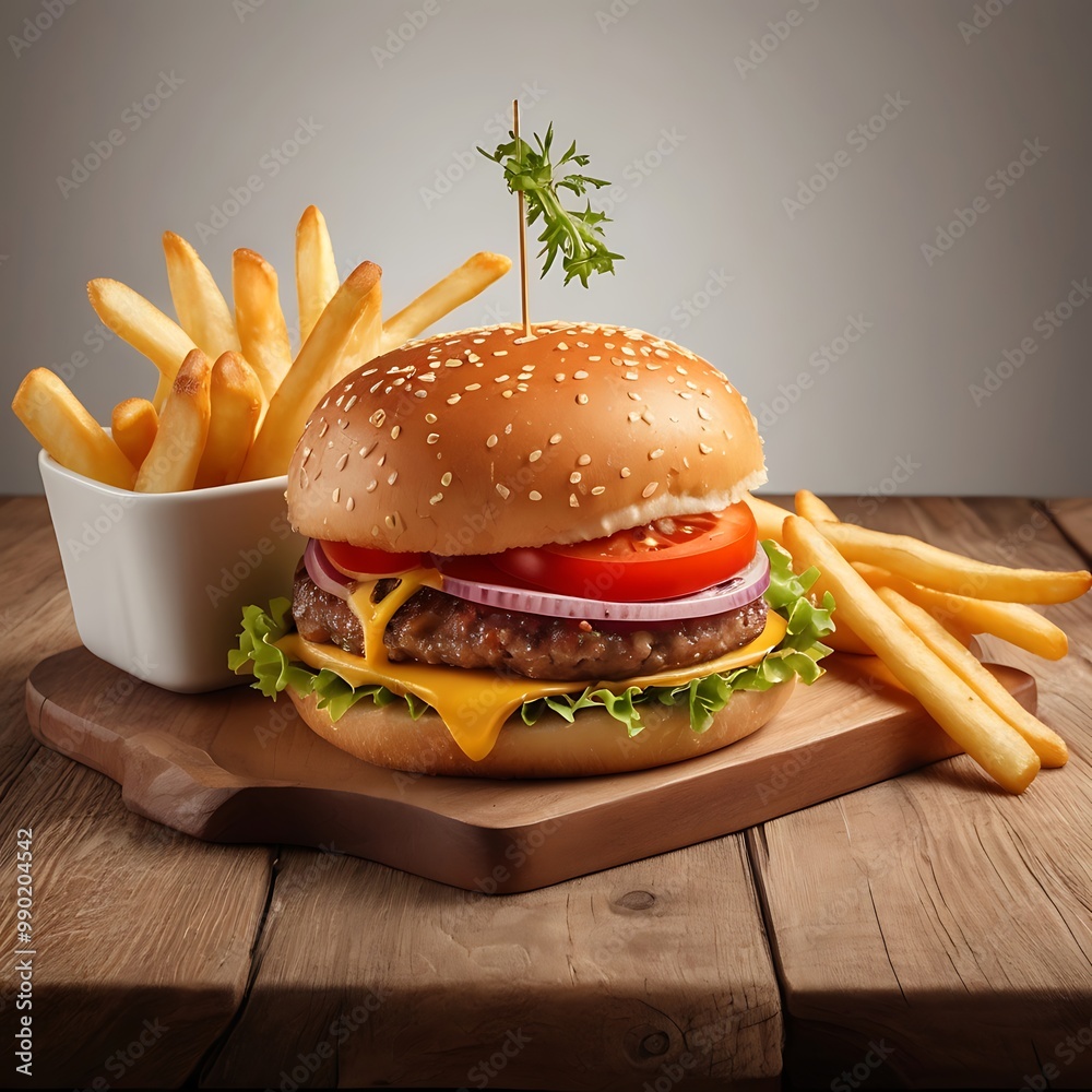 Wall mural Delicious single Burger with French fries, cheese tomato fried Served, yummy burger with grilled meat topped with vegetables sliced cheese fresh