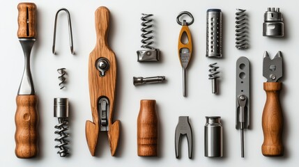 Professional corkscrew collage with a focus on craftsmanship, showing various tools in dynamic angles, set against a bright white background for clarity