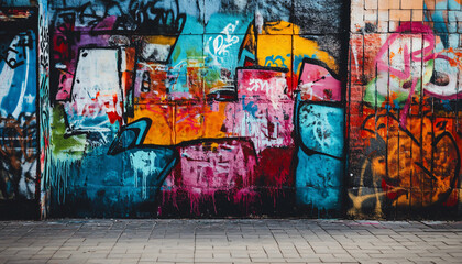 Fototapeta premium A graffiti-covered urban wall, showcasing vibrant colors, bold lines, and an edgy, artistic vibe