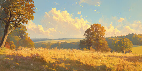 Autumn field nature background, anime style soft fall colors backdrop wallpaper, Season leaves trees orange color, generated ai