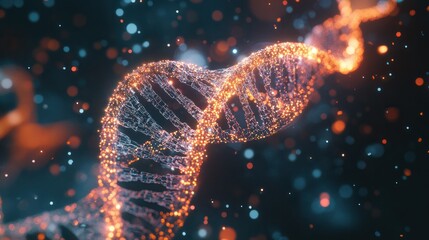 Digital DNA Helix Symbolizing Modern Biotechnology Advancements. A DNA strand illuminated by digital nodes, signifying the intersection of biology and cutting-edge technology