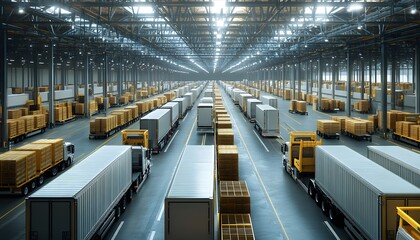 A vast warehouse filled with delivery trucks and stacked pallets, showcasing efficient logistics and transportation operations.