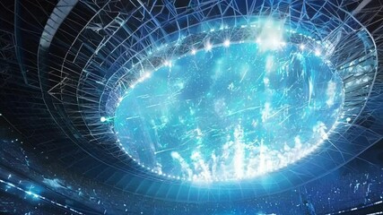 Excited fans gather in a packed stadium for a futuristic hologram show during a thrilling sport event, illuminated by colorful lights for a mesmerizing experience