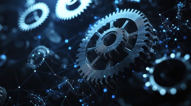 Digital polygonal mesh with dots, lines, and shapes of abstract modern 3D gear wheels in dark background. Mechanical technology machine engineering wireframe.