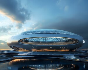 Obraz premium A stunning futuristic architecture design featuring a unique stadium with glass elements against a moody sky.