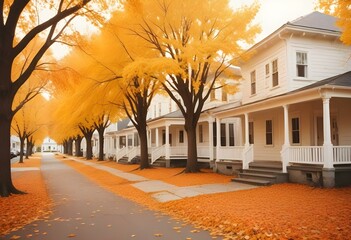 Fototapeta premium A cozy autumn town with white houses surrounded by vibrant orange and yellow trees, creating a warm and inviting atmosphere