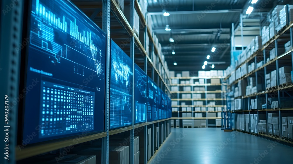 Poster modern warehouse with digital screens displaying data analytics and inventory management in an organ