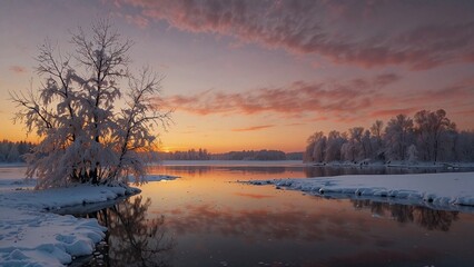 Obraz premium Winter Landscape Background with River and Snow-Covered Trees