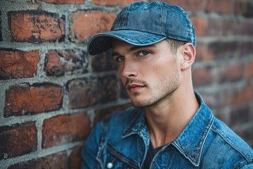 Portrait of a young handsome trendy man wearing a cap of blue jeans color