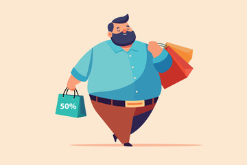shopping therapy concept. happy chubby fat man - father carrying shopping bag. online delivery promotion, minimal flat cartoon character design