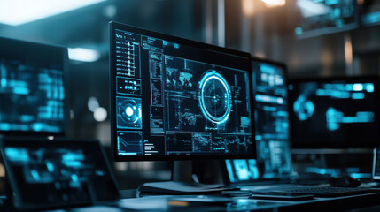 High tech computer screens displaying data analytics and digital interfaces in modern workspace. atmosphere is futuristic and innovative, showcasing advanced technology