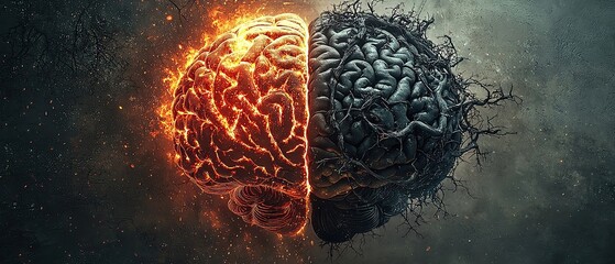 good and bad determination A striking visual representation of a brain split into fiery and dark textures, symbolizing creativity and conflict within thought.