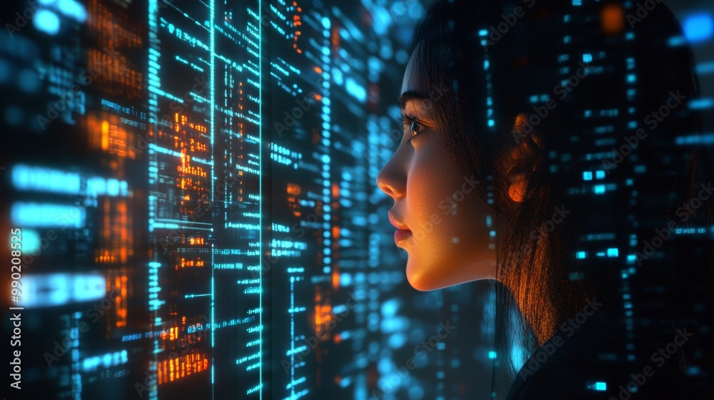 Poster Focused Woman Programmer with AI Code. Hologram and Digital Software for Cybersecurity and Website Development at Night