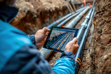 Engineer holding a tablet is scanning the installation and laying of heating pipes in a ditch at the construction site. Underground pipes for water, sewerage electricity and fiber optics for center