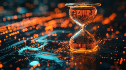 Hourglass with glowing particles on a futuristic circuit board. Concept of time machine, data processing and network technology. Design for wallpaper, tech background, and conceptual art.
