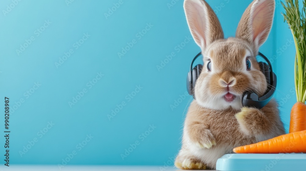 Canvas Prints A rabbit with headphones sitting next to a carrot and keyboard, AI