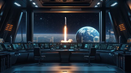 Naklejka premium Illustration of Futuristic Space Mission Control Room Observing Rocket Launch at Night with Planetary Background