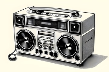 unbranded fictional retro vintage etching, drawing of a ghetto blaster, radio, cassette player, speakers, music, boombox, old school, 1980s, 1990s, hip hop, analog, audio, sound, stereo, tape deck
