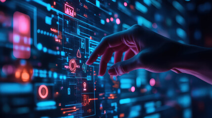 Fototapeta premium hand interacting with futuristic digital interface, showcasing vibrant colors and intricate designs. This image captures essence of technology and innovation in modern context