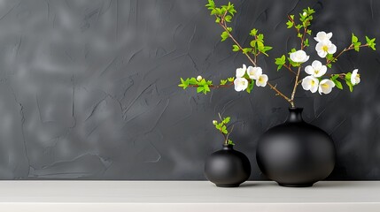 Elegant Black Vases with White Flowers on Dark Background