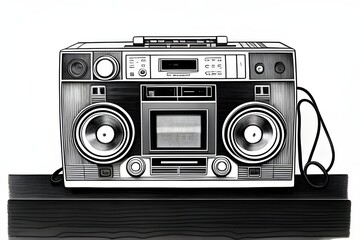 unbranded fictional retro vintage etching, drawing of a ghetto blaster, radio, cassette player, speakers, music, boombox, old school, 1980s, 1990s, hip hop, analog, audio, sound, stereo, tape deck
