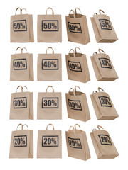 Fototapeta premium Set of brown paper shopping bags with discount percentages and different angles
