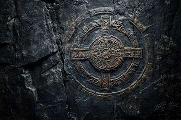 Obraz premium Carved stone texture with ancient symbols and deep engravings, worn by time