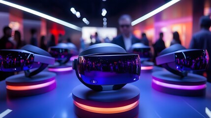 Obraz premium A ring of AR headsets showcased at a futuristic expo, surrounded by holographic displays of virtual worlds, sleek lighting accentuating the cutting-edge design