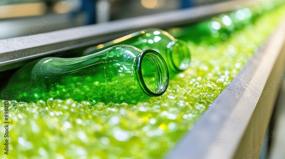 Sticker A conveyor belt with green bottles on it and a few empty ones, AI