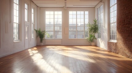 A spacious circular studio bathed in natural light, with large windows streaming sunlight across open floors, an ideal environment for creative work and artistic inspiration