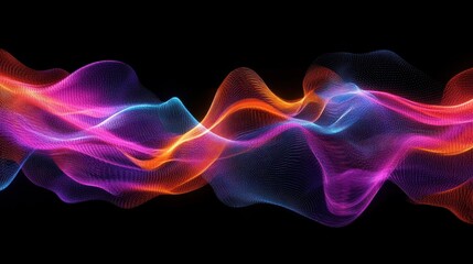 Obraz premium Wave lines trails flowing dynamic in diverse colors isolated on black background. Abstract futuristic background, science, digital and communication concept. Generative ai illustration