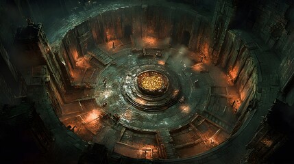 A sprawling circular dungeon, treasure chests overflowing with gold, surrounded by crumbling walls and ancient traps, deep underground in eerie silence