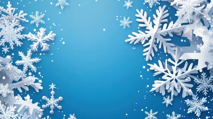 Winter theme greeting card background, snowflakes on blue background