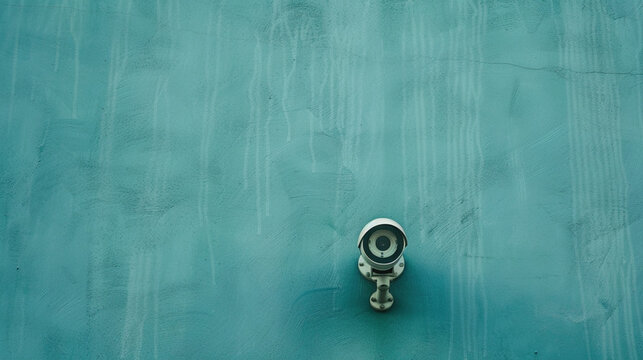 Outdoor camera hanging on the wall street. Control and protection of the territory, surveillance and security concept. Copy paste empty place for text