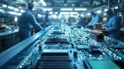 Workers assembling electronic components in a high-tech factory, highlighting the complexity of global supply chains in the tech industry. Generative Ai.